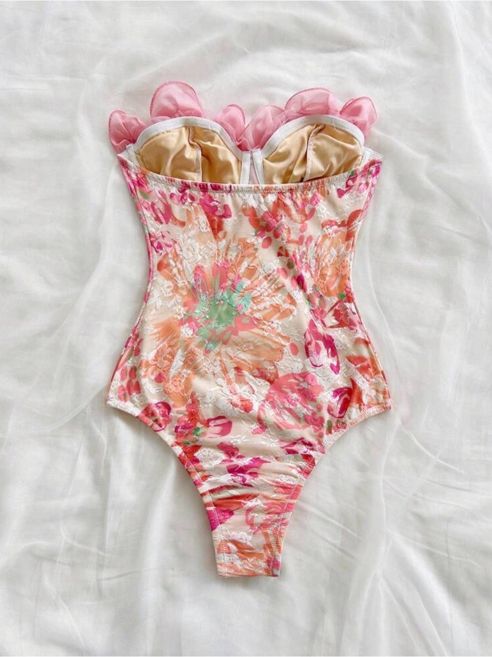 Floral coral bodysuit with delicate lace trim